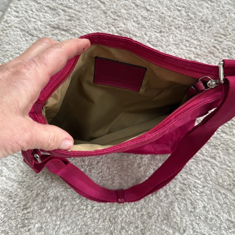 COACH Bright Pink Getaway Signature Print Nylon File Crossbody Bag Purse